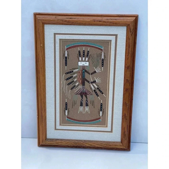 Vintage Navajo Sand Painting Yei Female Native American Spiritual Art Wood 13x9 - Picture 1 of 13